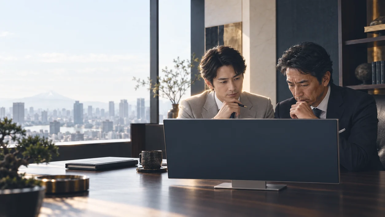 経営者とAI経営参謀が、同じモニターを見ながら経営判断を検討するイメージ